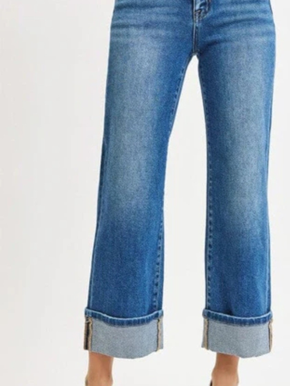 RISEN Mid Rise Cuffed Straight Leg Crop Jeans - Medium Wash